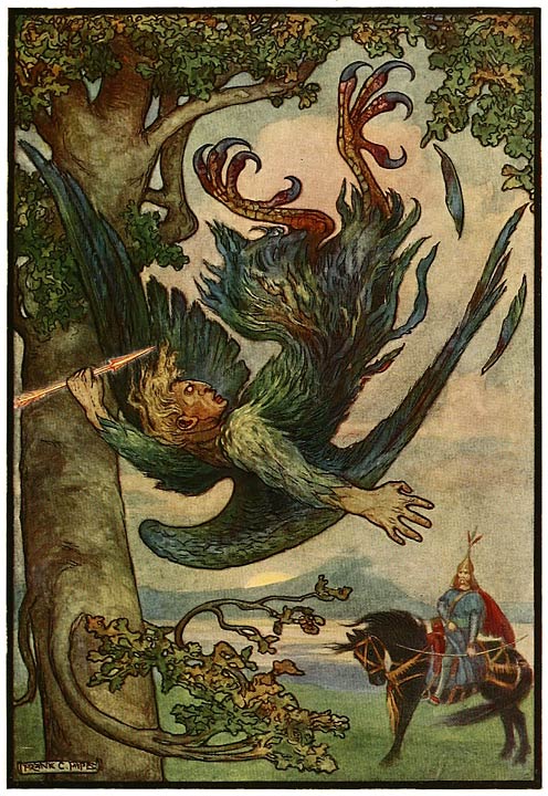3_Nightingale_the_Robber_fell_from_his_nest_in_the_old_oaks_-_Russian_Fairy_Book_1916,_ill.jpg