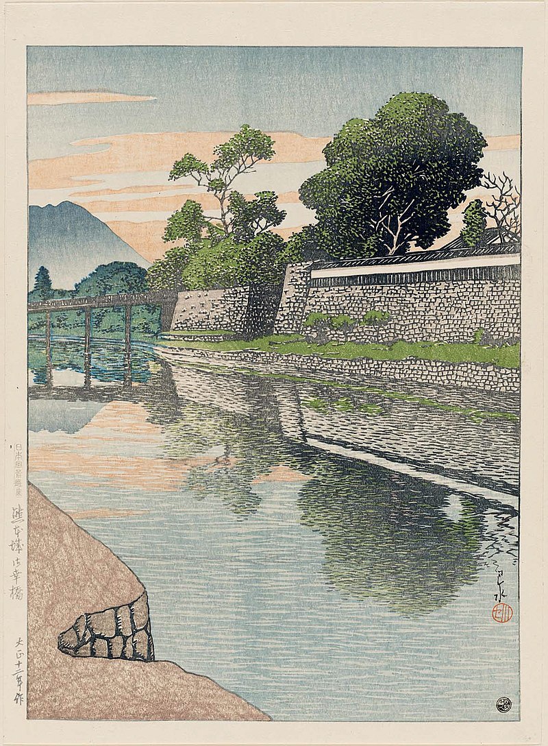800px-Nihon_fūkei_senshū,_Kumamoto-jō_Miyukibashi_by_Kawase_Hasui.jpg