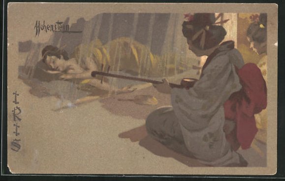 Kuenstler-AK-Adolfo-Hohenstein-Japanerin-mit-Instrument-und-schlafende-Frau.jpg