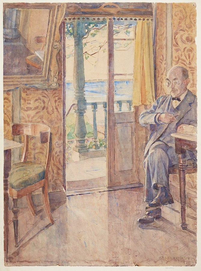Marie_Henriques,_Maleren_Tom_Petersen,_siddende_i_en_veranda,_1919,_.jpg